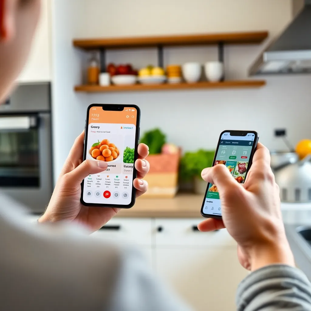 Persoon die boodschappen apps vergelijkt op smartphone