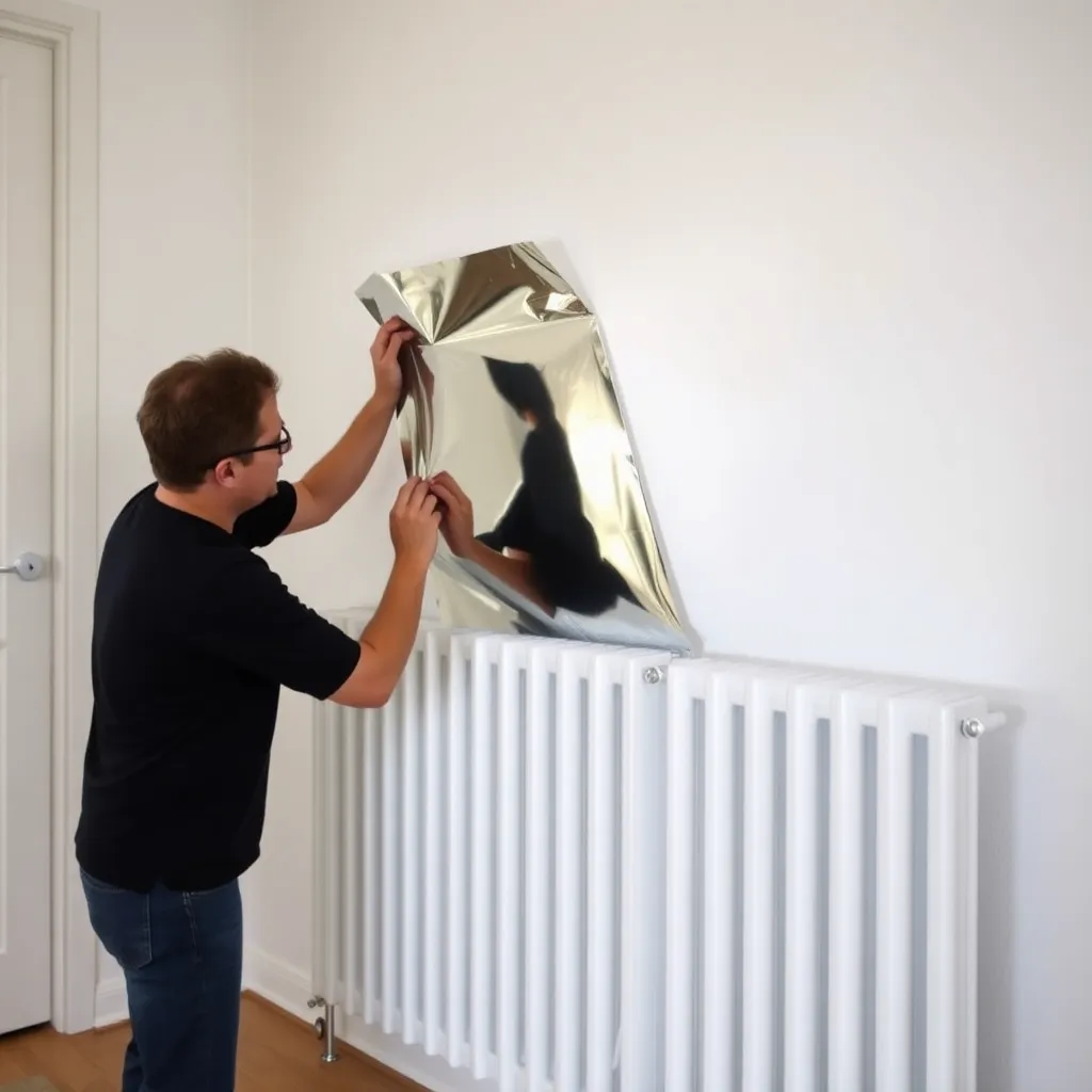 Persoon die radiatorfolie achter een radiator plaatst in een Nederlands huis